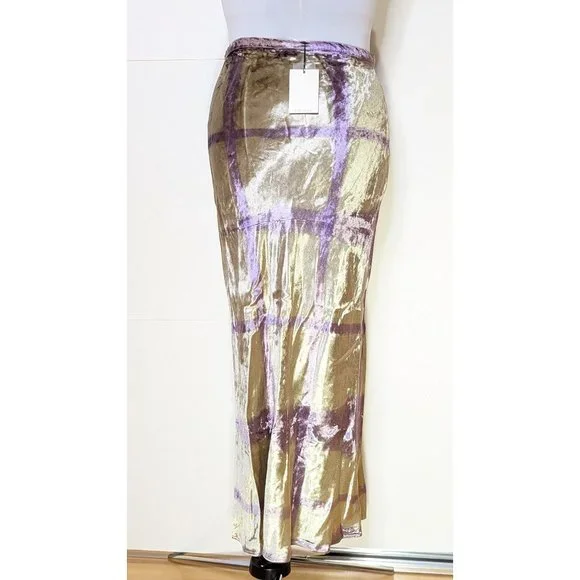 Collina Strada Yod Maxi Skirt Silver Grid Velvet L NEW $405 Bias Cut Midi - Picture 3 of 12